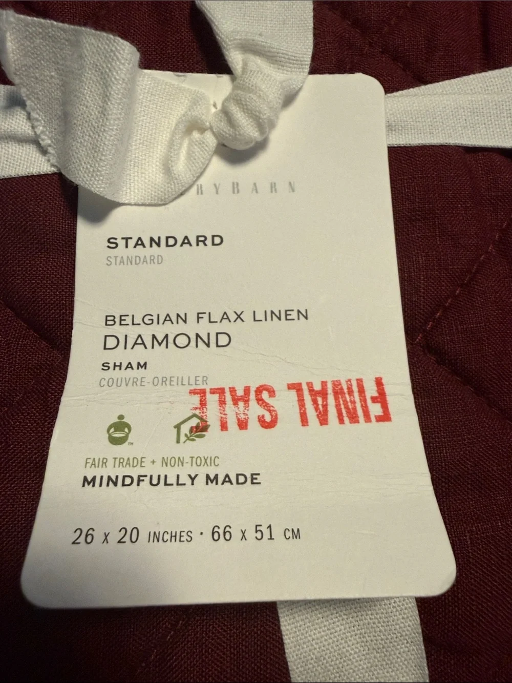 Pottery Barn Belgian Flax Linen Standard Sham - Diamond Burgundy 26” x 20”